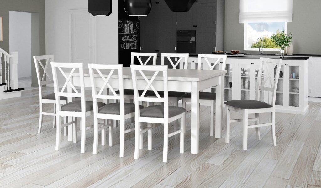 DREWMIX Jedálenský set – stôl MODENA II / stoličky MILANO IV (1+8) Drevo: Biela
