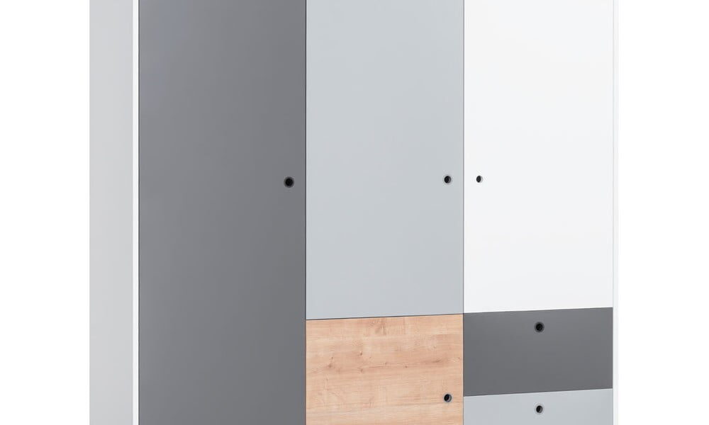 Bielo-sivá trojdverová šatníková skriňa s dreveným detailom Vox Concept