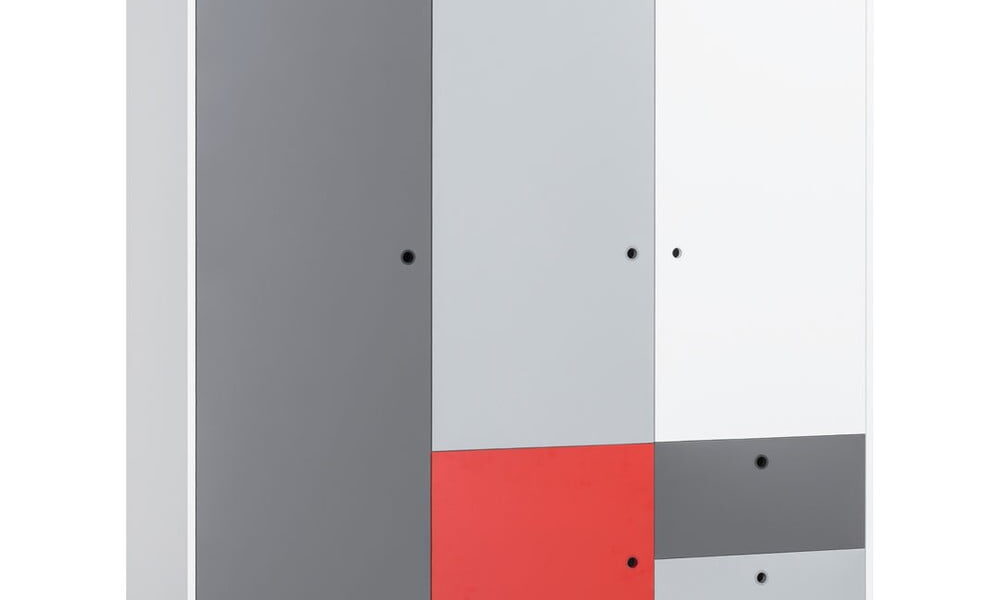 Bielo-sivá trojdverová šatníková skriňa s červeným detailom Vox Concept