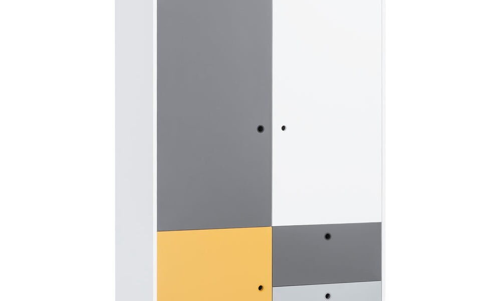 Bielo-sivá dvojdverová šatníková skriňa so žltým detailom Vox Concept