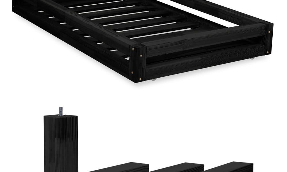 Sada čiernej zásuvky pod posteľ a 4 predĺžených nôh Benlemi, pre posteľ 90 × 180 cm