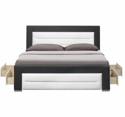 Tempo Kondela Manželská posteľ, s roštom a šuflíkmi, ekokoža čierna/biela, 160×200, NAZUKA