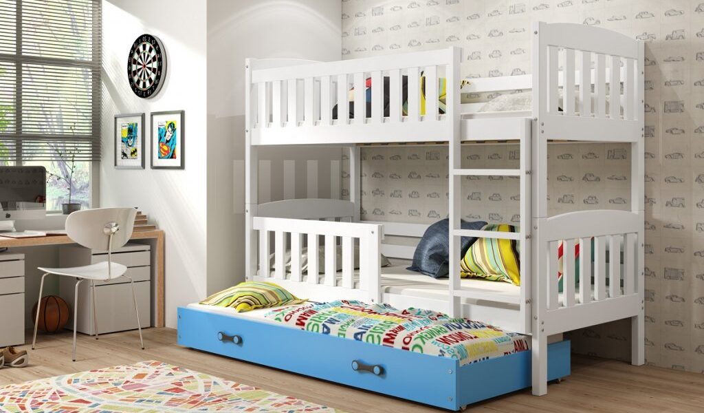 BMS group Detská poschodová posteľ KUBUŠ s prístelkou, 190 FARBA: Biela, DOPLNKOVÁ FARBA: Modrá