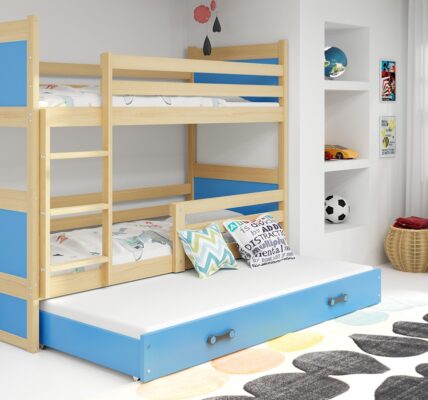 BMS group Detská poschodová posteľ RICO 190, trojlôžko FARBA KONŠTRUKCIE: Borovica, DOPLNKOVÁ FARBA: Modrá