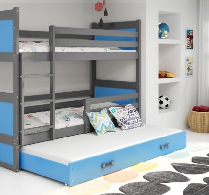 BMS group Detská poschodová posteľ RICO 160, trojlôžko FARBA KONŠTRUKCIE: Grafit, DOPLNKOVÁ FARBA: Modrá