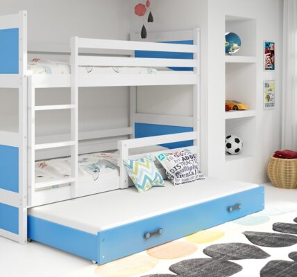 BMS group Detská poschodová posteľ RICO 190, trojlôžko FARBA KONŠTRUKCIE: Biela, DOPLNKOVÁ FARBA: Modrá