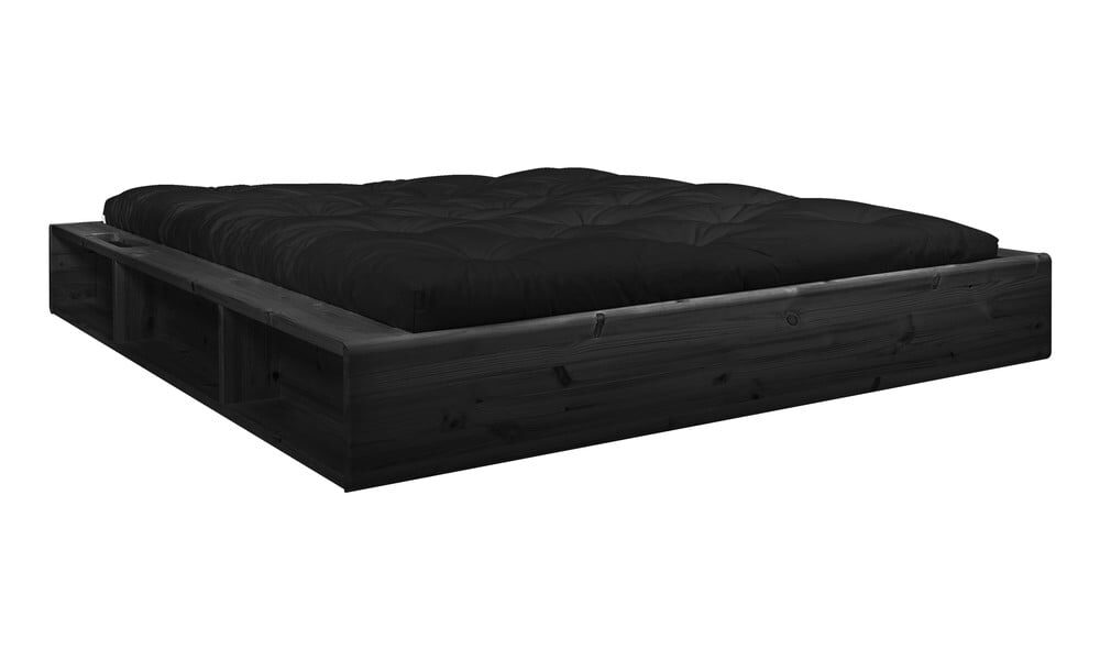 Čierna dvojlôžková posteľ z masívneho dreva s úložným priestorom a čiernym futonom Double Latex Karup Design, 160 x 200 cm