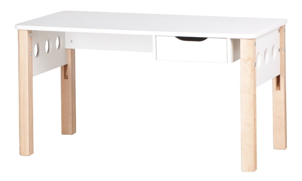 Hnedo-biely písací stôl z brezového dreva s nastaviteľnou výškou Flexa