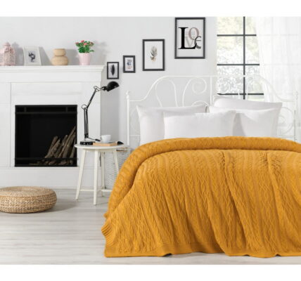 Horčicovožltá prikrývka cez posteľ Knit, 220 x 240 cm