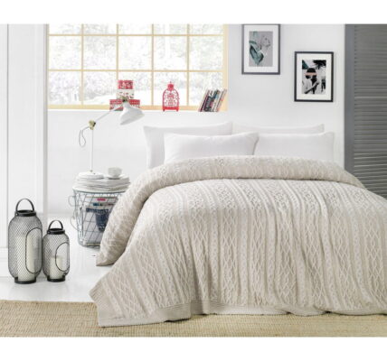 Sivobéžová prikrývka cez posteľ Knit, 220 x 240 cm