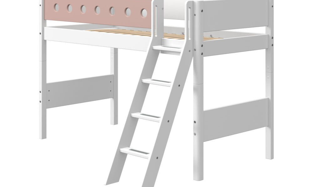 Ružovo-biela detská posteľ s rebríkom Flexa White, výška 143 cm