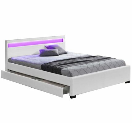 Tempo Kondela Manželská posteľ, RGB LED osvetlenie, biela ekokoža, 180×200, CLARETA