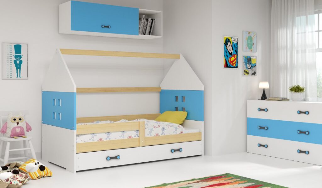 BMS group Detská posteľ domček DOMI so zásuvkou FARBA: Borovica, DOPLNKOVÁ FARBA: Modrá
