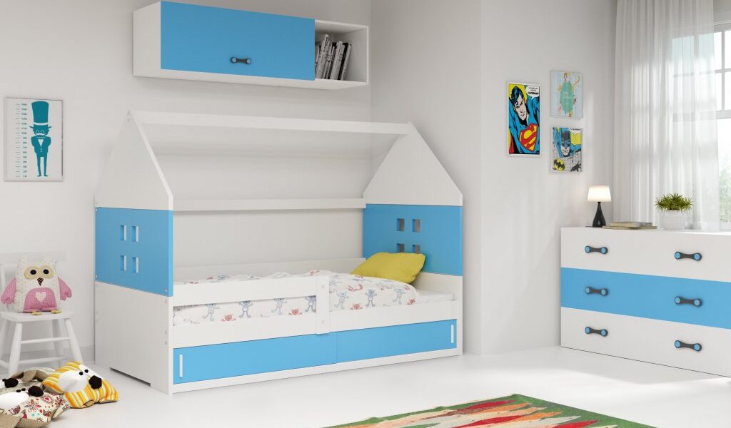 BMS group Detská posteľ domček DOMI 1 s úložným priestorom FARBA: Biela, DOPLNKOVÁ FARBA: Modrá