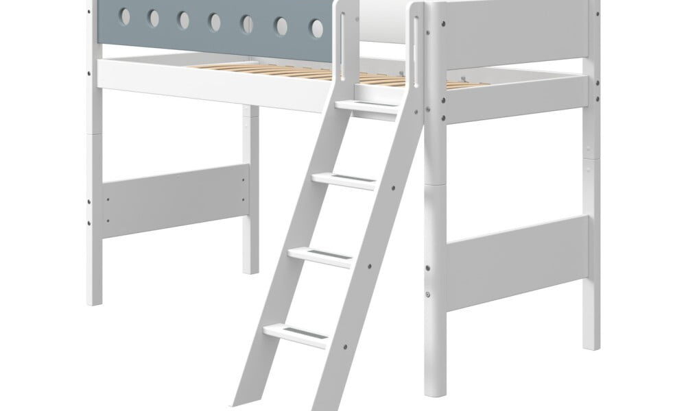 Modro-biela detská posteľ s rebríkom Flexa White, výška 143 cm