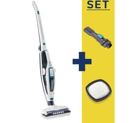 Tyčový vysávač Leifheit 11929 SET… Set – akumulátorový vysavač Regulus PowerVac 2v1 + prachový filtr + nástavec na ruční vysavač na vysávání.