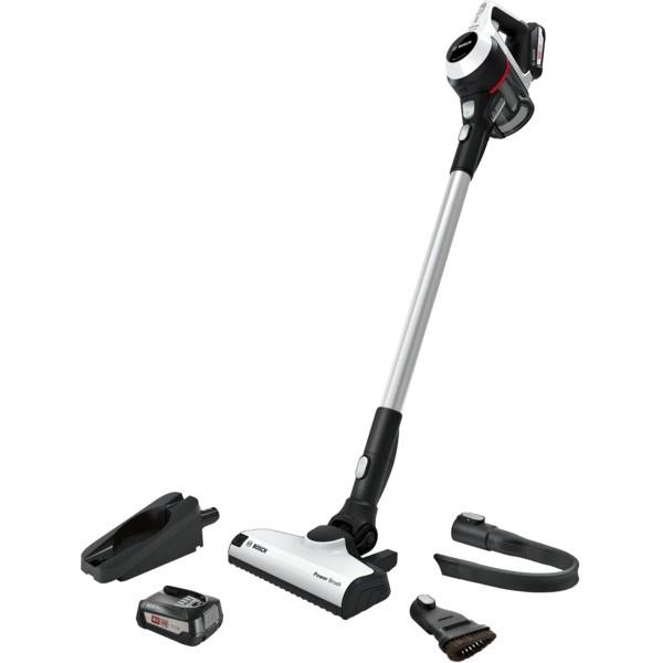 Tyčový vysávač Bosch Unlimited S6 Bcs61bat2 biely… Vyměnitelná baterie je součástí systému Power for ALL, kartáč AllFloor Power a kompaktní motor Di