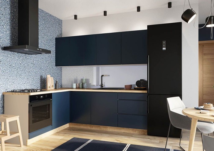 Rohová kuchyňa Minea ľavý roh 230×180 (modrá mat)