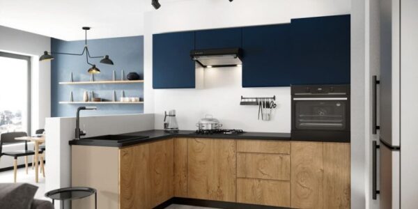 Rohová kuchyňa Leya ľavý roh 255×170 cm (modrá mat/drevo)