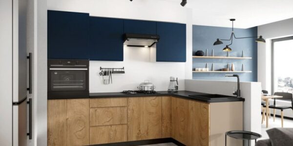 Rohová kuchyňa Leya pravý roh 255×170 cm (modrá mat/drevo)
