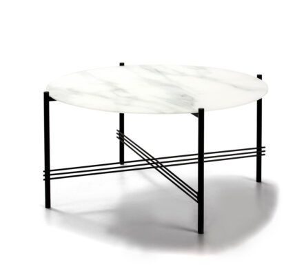 Bielo-čierny konferenčný stolík so sklenenou doskou v mramorovom dekore Marckeric, ø 84 cm