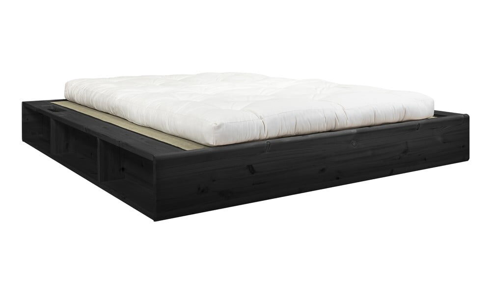 Čierna dvojlôžková posteľ z masívneho dreva s futonom Comfort a tatami Karup Design, 180 x 200 cm