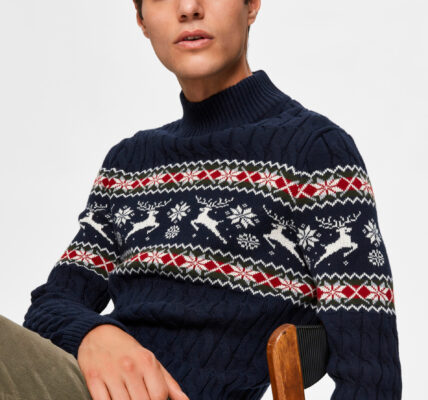 Modrý pánsky vianočný sveter s rolákom Selected Homme