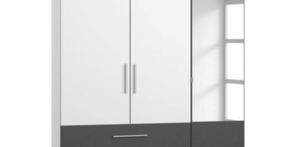 Sconto Šatníková skriňa AUBREE alpská biela/sivá, 3-dverová s 1 zrkadlom