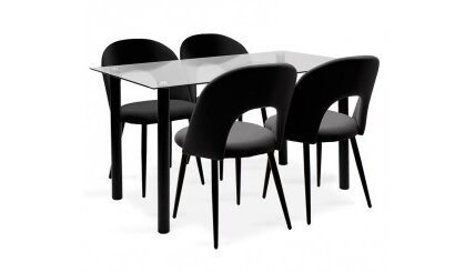 Jedálenský set Janet – 4x stolička, 1x stôl (sklo, čierna)
