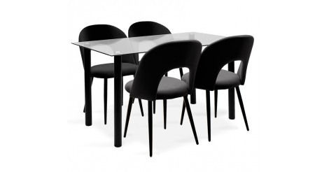 Jedálenský set Janet – 4x stolička, 1x stôl (sklo, čierna)