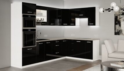 Rohová kuchyňa Vicky black pravý roh 290×180(čierna vysoký lesk)