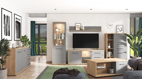 Obývacia izba s osvetlením sevilla – dub artisan/šedá mat