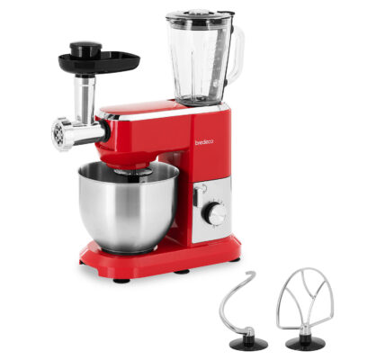 Robot pâtissier multifonction – Avec mixeur, hachoir à viande et accessoire trancheur – 1,300 W – Rouge