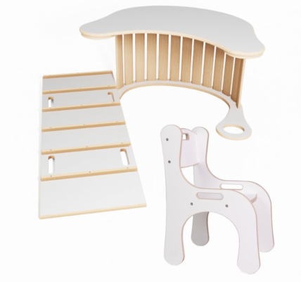 Ihrisko pre malého inžiniera GOOD WOOD: Hojdačka + šmýkačka/rebrík + stolová doska + stolička Zvoľte farbu: Biela
