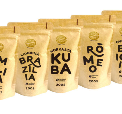 Káva Zlaté Zrnko – Spoznaj najpredávanejšie 1000g (Emília, Brazília, Kuba, Rómeo, Etiópia) MLETÁ – Mletie na domáci espresso kávovar a zalievanie – tu