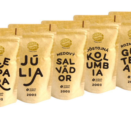 Káva Zlaté Zrnko – Spoznaj 5 káv na pestré espresso 1000g (Kleopatra, Júlia, Salvádor, Kolumbia, Guatemala) MLETÁ – Mletie na domáci espresso kávovar