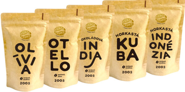 Káva Zlaté Zrnko – Spoznaj 5 káv na horké espresso 1000g (Olívia, Otello, Indonézia, India, Kuba) MLETÁ – Mletie na domáci espresso kávovar a zalievan