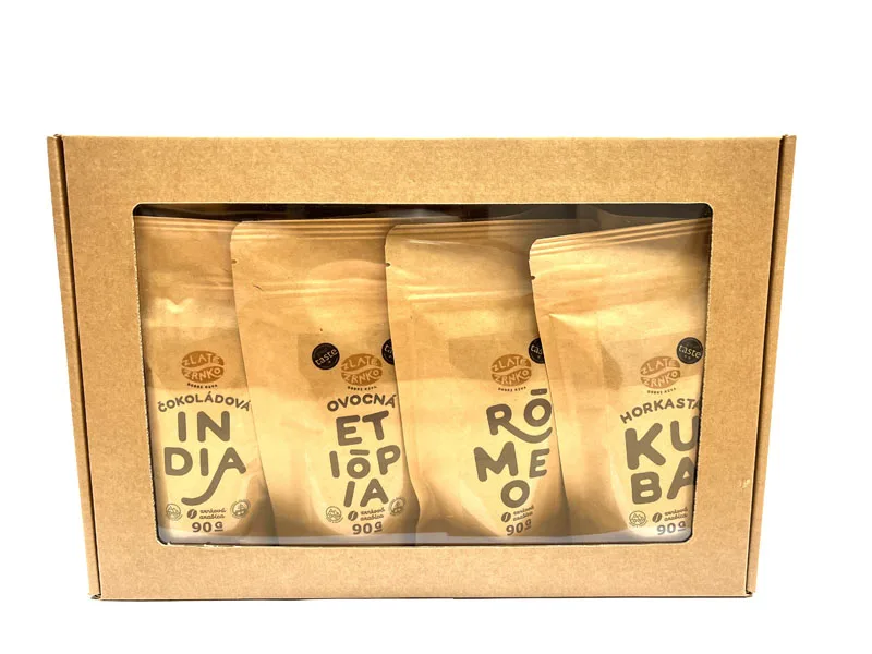 Káva Zlaté Zrnko – Ochutnaj 8 najpredávanejších káv 720g darčekové balenie MLETÁ – Mletie na domáci espresso kávovar a zalievanie – turka (jemné)