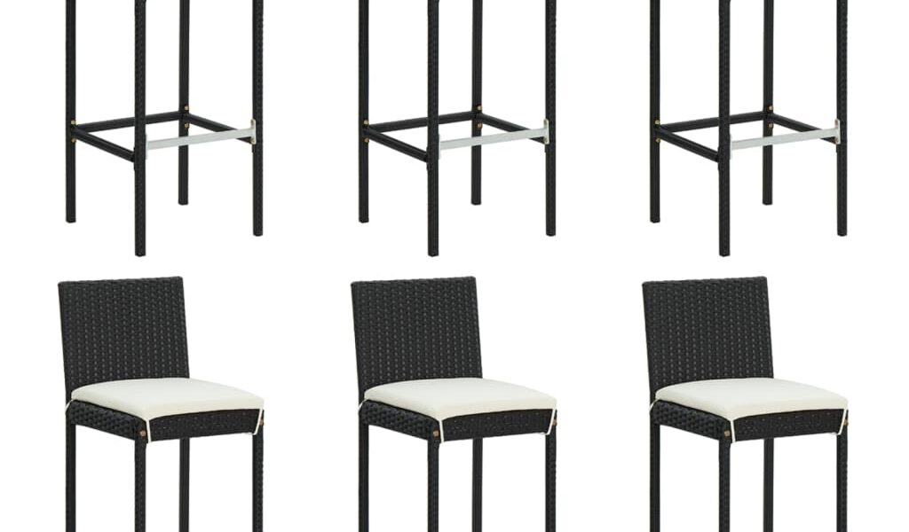 vidaXL Barové stoličky s vankúšmi 6 ks čierne polyratan