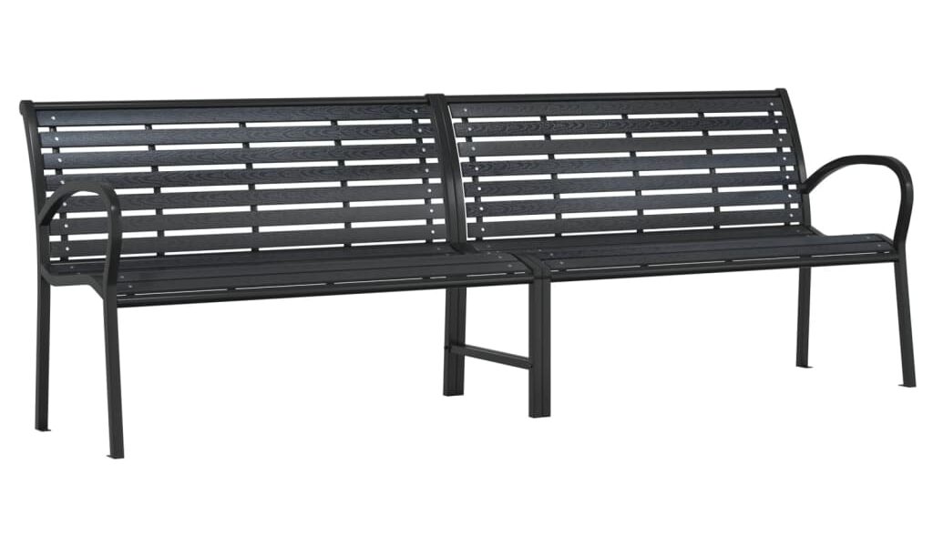vidaXL Dvojitá záhradná lavička, čierna 231 cm, oceľ a WPC
