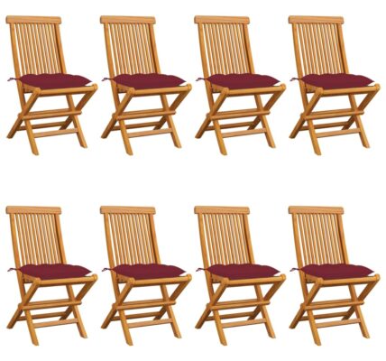 vidaXL Záhradné stoličky s vínovo-červenými podložkami 8 ks tíkový masív