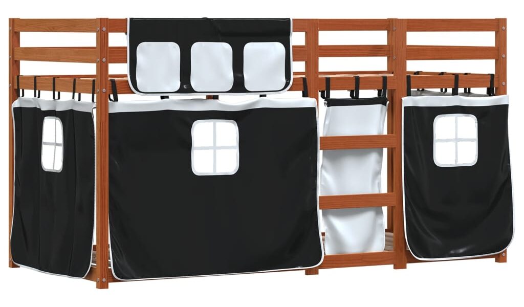 vidaXL Poschodová posteľ závesy bielo-čierna 75x190cm masívna borovica