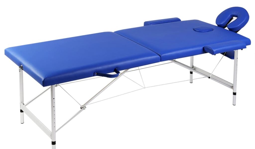 vidaXL Modrý skladací masážny stôl, 2 zóny, hliníkový rám