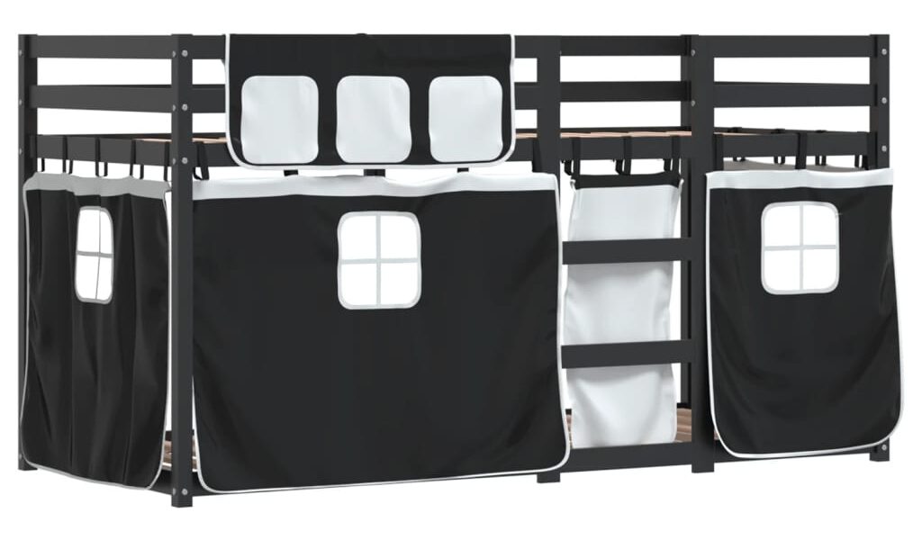vidaXL Poschodová posteľ závesy bielo-čierna 90x190cm masívna borovica