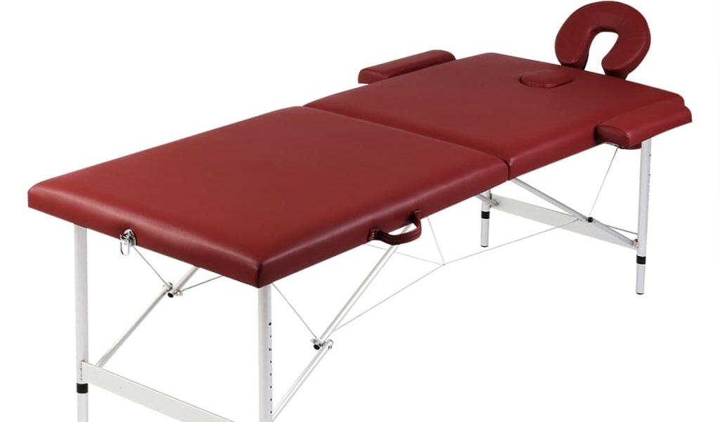 vidaXL Červený skladací masážny stôl, 2 zóny, hliníkový rám
