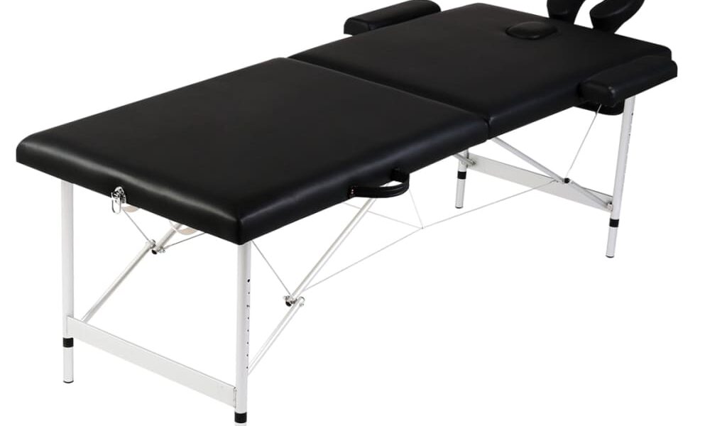 vidaXL Čierny skladací masážny stôl, 2 zóny, hliníkový rám