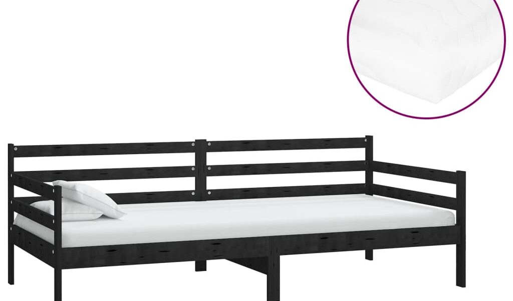 vidaXL Denná posteľ s matracom 90×200 cm, čierna, borovicový masív