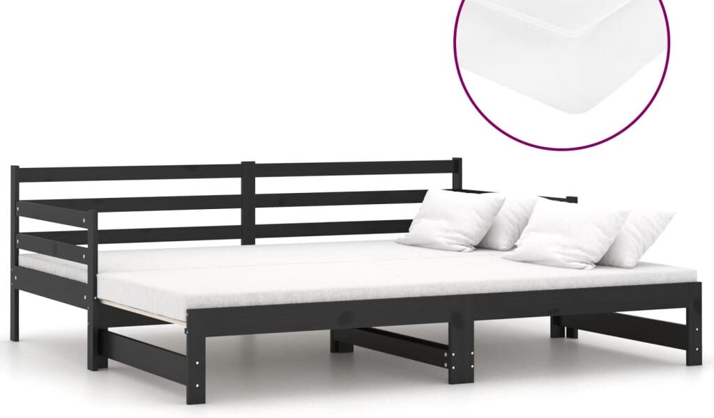 vidaXL Rozkladacia denná posteľ 2x(90×200)cm, čierna, borovicový masív