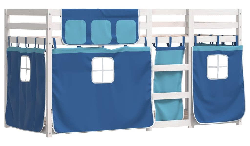 vidaXL Poschodová posteľ so závesmi modrá 90×200 cm masívna borovica