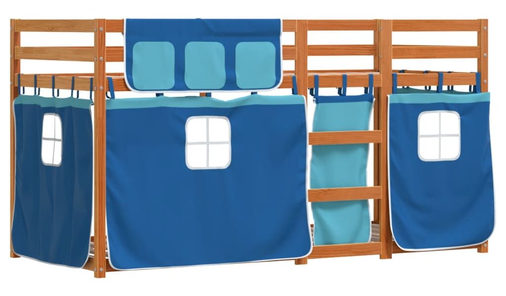 vidaXL Poschodová posteľ so závesmi modrá 90×190 cm masívna borovica